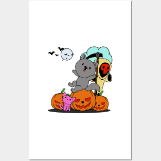 Halloween pumpkins with bats and squirrel Posters and Art